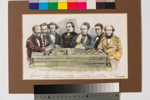 Некоронованный чемпион мира Говард Стаунтон (третий справа) в окружении ведущих шахматистов середины XIX века. Лондон, 1855