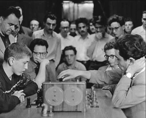Library (called "The grandmasters' room" in the Soviet times ). The 11th World Champion Robert Fischer is playing blitz games against the 9th World Champion Tigran Petrosian, 1958