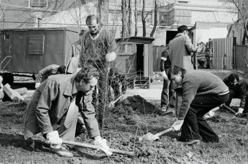 President of the USSR Chess Federation Vitaly Sevastyanov, grandmaster Alexander Beliavsky, and the 12th World Champion Anatoly Karpov are planting trees in the yard of the Central Chess Club, 1985